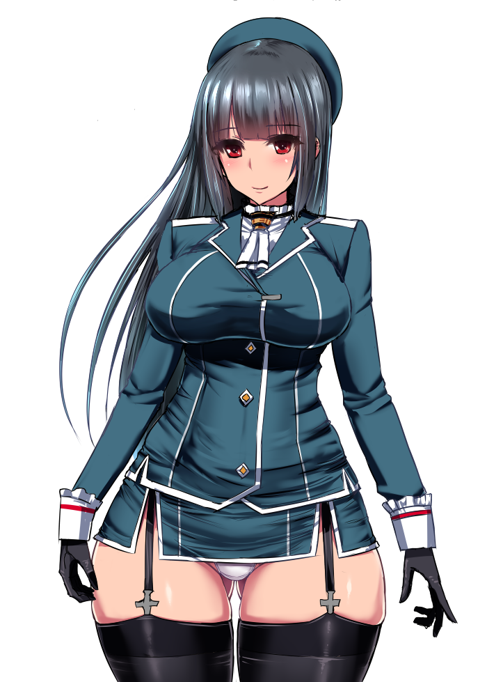 1girl alternate_hair_length alternate_hairstyle arms_at_sides ascot ass_visible_through_thighs bangs beret black_gloves black_hair black_legwear blue_hat blue_skirt blunt_bangs blush breasts buttons closed_mouth cowboy_shot eyebrows eyebrows_visible_through_hair garter_straps gloves hat ishimiso_(ishimura) kantai_collection large_breasts long_hair long_sleeves looking_at_viewer military military_uniform miniskirt panties pantyshot pantyshot_(standing) red_eyes side_slit simple_background skirt sleeve_cuffs smile solo standing takao_(kantai_collection) tareme thick_thighs thigh-highs thighs underwear uniform white_background white_panties