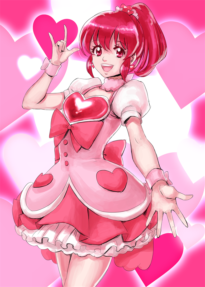 1girl aino_megumi bow cowboy_shot hair_ornament happinesscharge_precure! heart heart_background heart_hair_ornament hisaki looking_at_viewer outstretched_hand pink pink_background pink_bow pink_skirt ponytail precure red_eyes redhead short_hair skirt smile solo wrist_cuffs
