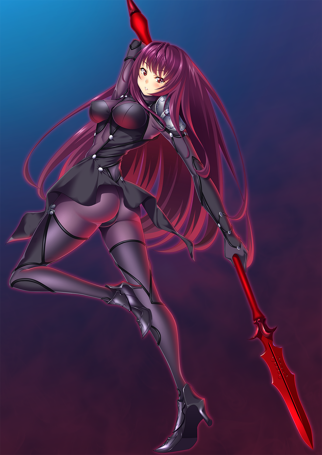 1girl ame_isshiki armor ass bangs blue_background blush bodysuit breasts eyebrows eyebrows_visible_through_hair fate/grand_order fate_(series) full_body gae_bolg gloves gradient gradient_background high_heels highres holding holding_weapon large_breasts long_hair looking_at_viewer parted_lips pauldrons polearm purple_hair red_eyes scathach_(fate/grand_order) solo thigh-highs very_long_hair weapon