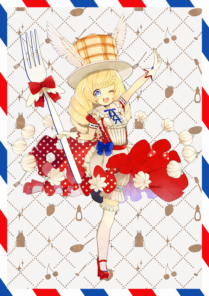 1girl ;d apron arm_up blonde_hair bloomers blue_bow blue_eyes bow braid ekm food_themed_clothes fork frills full_body gloves hat long_hair looking_at_viewer morinaga_(brand) one_eye_closed open_mouth original oversized_object pancake personification red_bow red_shoes red_skirt shoes skirt smile solo standing_on_one_leg thigh-highs underwear whipped_cream white_gloves white_legwear wings