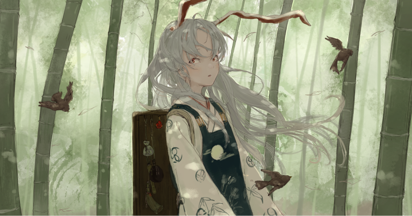 1girl alternate_costume animal_ears backpack bag bamboo bamboo_forest bird forest japanese_clothes long_hair long_sleeves looking_at_viewer nature open_mouth outdoors rabbit_ears red_eyes reisen_udongein_inaba shade solo touhou upper_body yushika