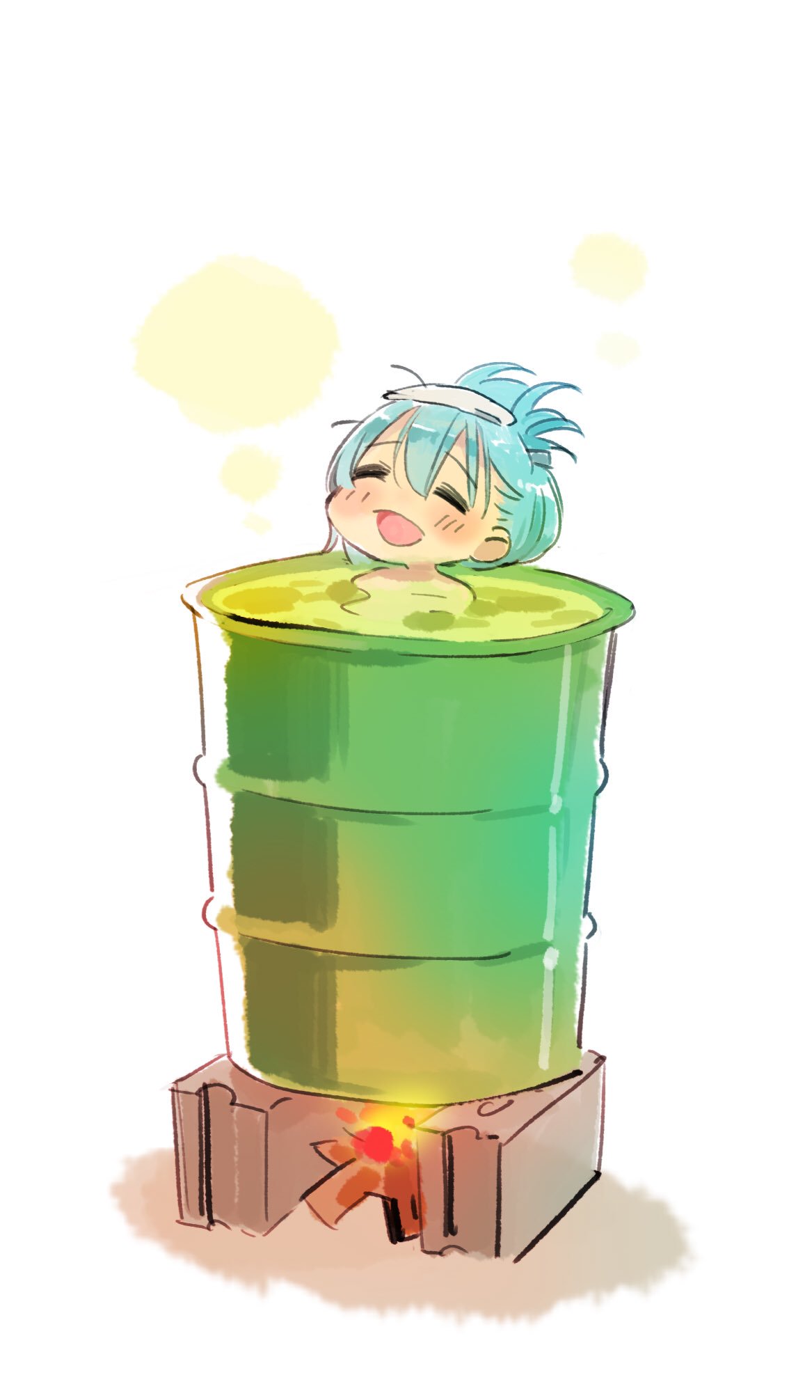 bare_shoulders barrel bath blue_hair cinder_block closed_eyes commentary_request fire hair_up highres kantai_collection nonco open_mouth smile suzuya_(kantai_collection) towel towel_on_head