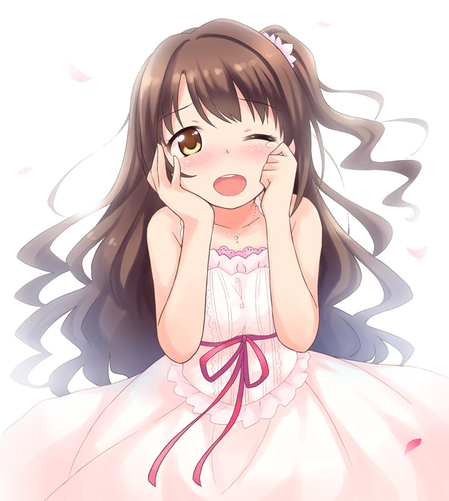 1girl brown_eyes brown_hair dekosuke dress idolmaster idolmaster_cinderella_girls long_hair one_eye_closed open_mouth shimamura_uzuki side_ponytail smile solo