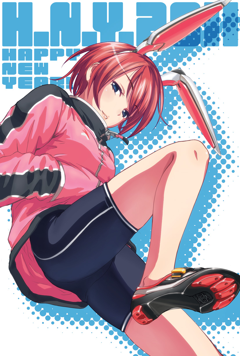 1girl animal_ears bangs bike_shorts blue_eyes blush commentary_request hands_in_pockets highres jacket looking_at_viewer nengajou new_year original rabbit_ears redhead shoes short_hair smile sneakers solo track_jacket wantacchi