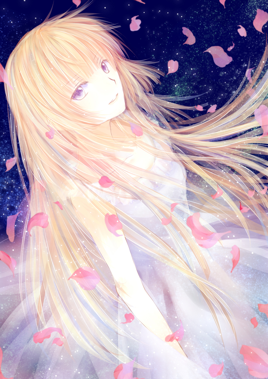 1girl blonde_hair cherry_blossoms collarbone dress fuwa_aika highres lazy_orange long_hair looking_at_viewer sky solo star_(sky) starry_sky violet_eyes white_dress zetsuen_no_tempest