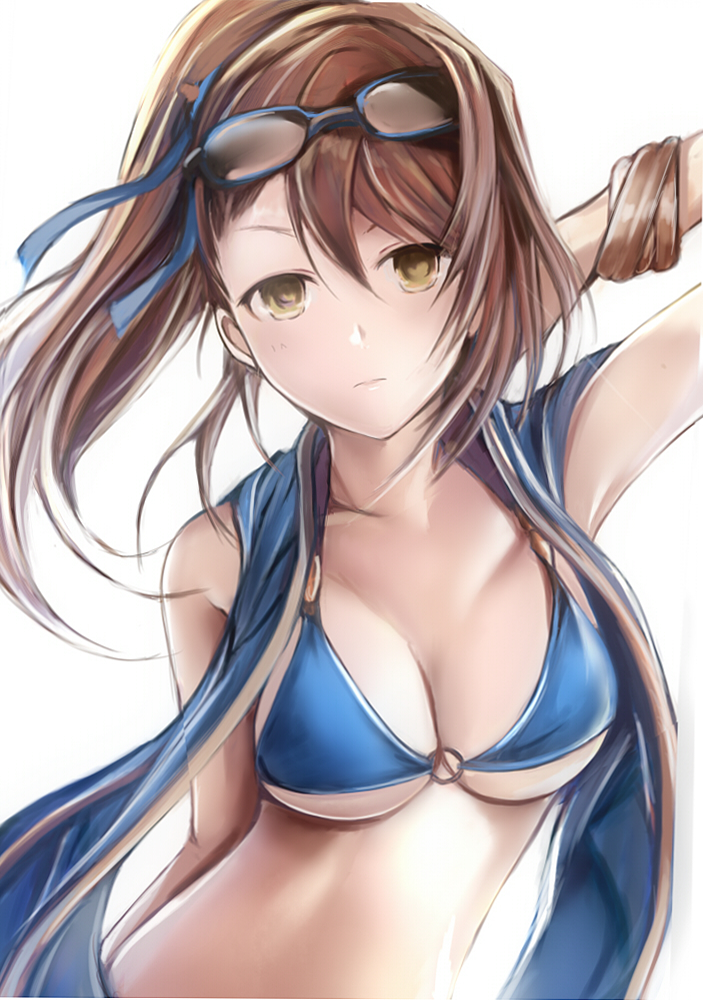 1girl arm_up beatrix_(granblue_fantasy) bikini blue-framed_eyewear blue_bikini blue_bikini_top blue_vest breasts brown_eyes brown_hair cleavage closed_mouth collarbone granblue_fantasy heart heart-shaped_pupils long_hair looking_at_viewer medium_breasts nannacy7 o-ring_bikini o-ring_top open_clothes open_vest ponytail simple_background solo sunglasses sunglasses_on_head swimsuit symbol-shaped_pupils vest white_background