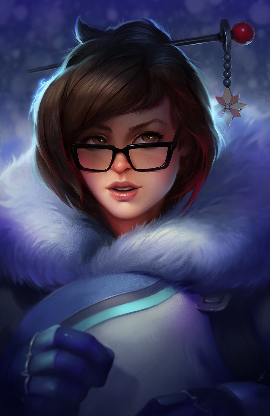 1girl breasts brown_eyes brown_hair coat dave_greco glasses hair_bun hair_ornament hairpin highres lips mei_(overwatch) overwatch realistic solo