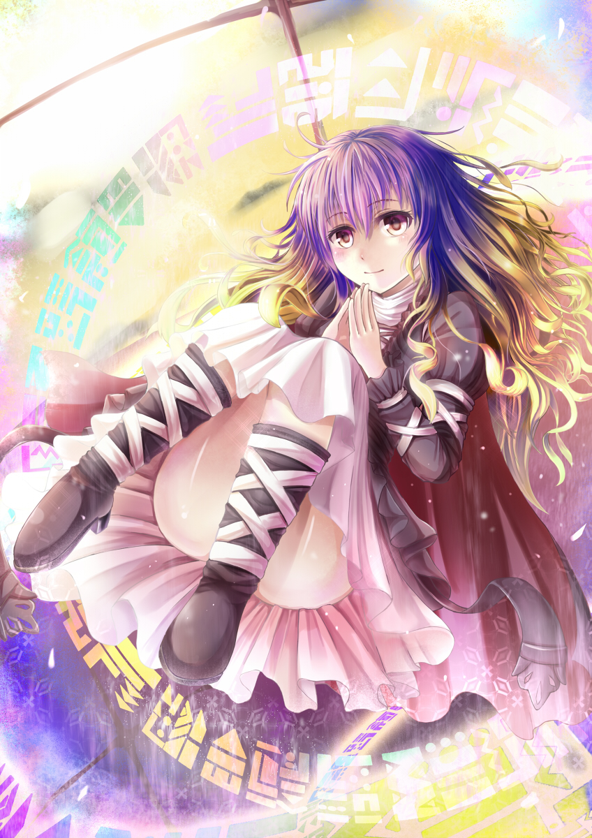 1girl bent_knees blonde_hair blush cape convenient_leg cross-laced_clothes cross-laced_footwear dress fingers_together full_body gradient_hair highres hijiri_byakuren juliet_sleeves knees_up layered_dress long_hair long_sleeves looking_at_viewer multicolored_hair no_panties puffy_sleeves purple_hair sen_kagura smile solo sorcerer's_sutra_scroll touhou two-tone_hair upskirt white_dress yellow_eyes