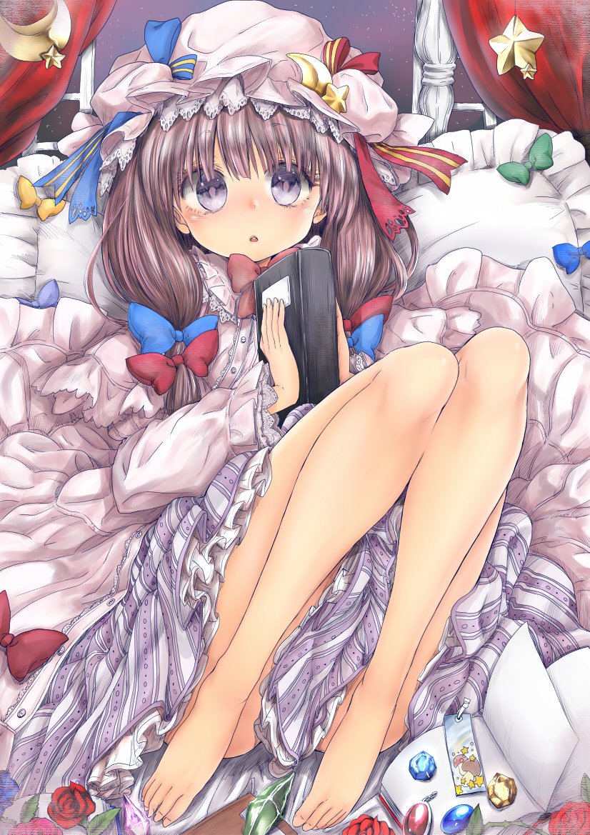 1girl :o bangs barefoot blue_bow blue_ribbon book bow brooch chikado crescent crescent_hair_ornament curtains dress hair_bow hair_ornament hat hat_ribbon indoors jewelry long_sleeves looking_at_viewer mob_cap night night_sky patchouli_knowledge pillow purple_hair red_bow red_ribbon ribbon sky solo star star_(sky) starry_sky touhou violet_eyes window