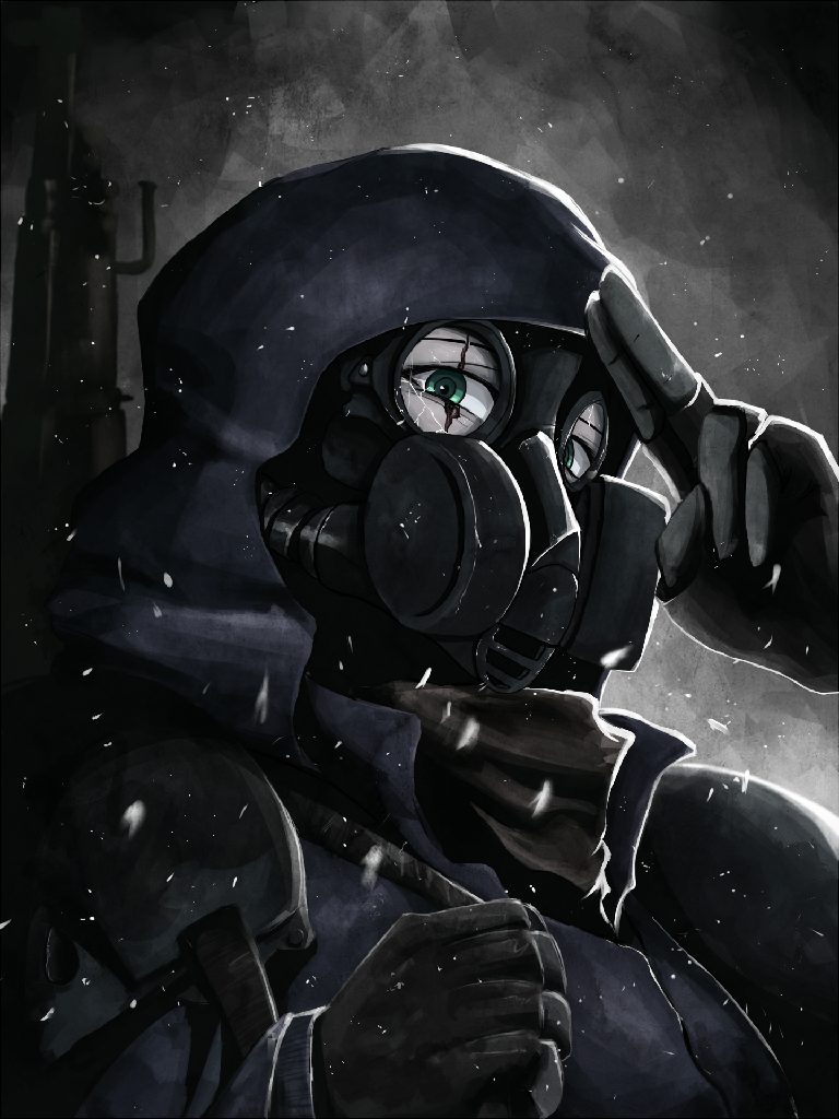 1girl androth apocalypse cloak cracked_glass fingerless_gloves gas_mask gloves green_eyes gun hood hooded_cloak looking_at_viewer m1903_springfield original oxygen_mask post-apocalypse rifle salute scar scar_across_eye scarf shoulder_pads simple_background snow solo two-finger_salute weapon