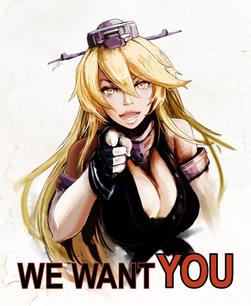 1girl blonde_hair boushi-ya breasts cleavage elbow_gloves english fingerless_gloves gloves headgear i_want_you iowa_(kantai_collection) kantai_collection large_breasts long_hair looking_at_viewer open_mouth parody pointing pointing_at_viewer smile yellow_eyes