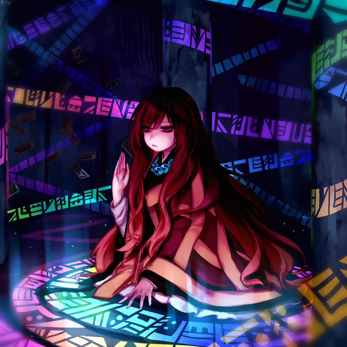 1girl alternate_costume beads glowing gradient_hair highres hijiri_byakuren light_particles long_hair long_sleeves magic multicolored_hair ofuda open_mouth prayer_beads shaded_face sitting solo sorcerer's_sutra_scroll tis_(shan0x0shan) touhou wide_sleeves