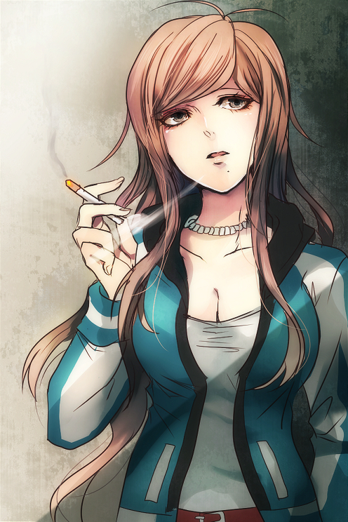 1girl antenna_hair bangs breasts cigarette cleavage dangan_ronpa hagakure_hiroko jacket jewelry long_hair mole mole_under_mouth necklace solo z-epto_(chat-noir86) zettai_zetsubou_shoujo