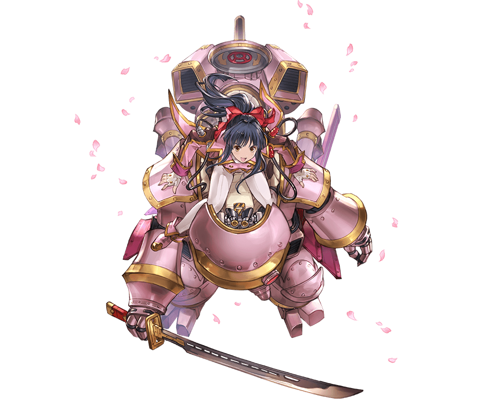 &gt;:d 1girl :d ankle_boots black_hair boots bow brown_eyes coattails fingerless_gloves gloves granblue_fantasy hair_bow katana long_hair long_sleeves looking_at_viewer mecha military military_uniform minaba_hideo official_art open_mouth pants pink_boots ponytail red_bow sakura_taisen shinguuji_sakura smile solo sword transparent_background uniform weapon white_gloves