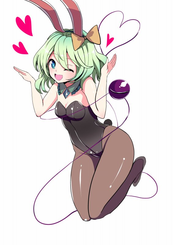 1girl ;d alternate_costume amisu animal_ears bare_shoulders bent_knees black_legwear blush bow breasts bunny_girl bunny_tail bunnysuit cleavage detached_collar eyeball fake_animal_ears full_body green_eyes green_hair hair_bow heart heart_of_string komeiji_koishi leotard looking_at_viewer one_eye_closed open_mouth pantyhose rabbit_ears short_hair sleeveless small_breasts smile solo tail third_eye touhou white_background yellow_bow