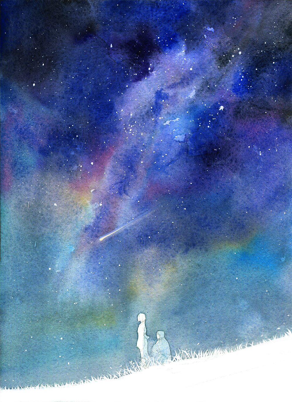 1boy 1girl amber_t character_request chinese_commentary facing_away from_side grass highres japanese_clothes kimono long_sleeves mushishi night night_sky outdoors painting_(medium) scenery shooting_star short_hair sitting sky standing star_(sky) starry_sky tagme traditional_media watercolor_(medium) wide_shot