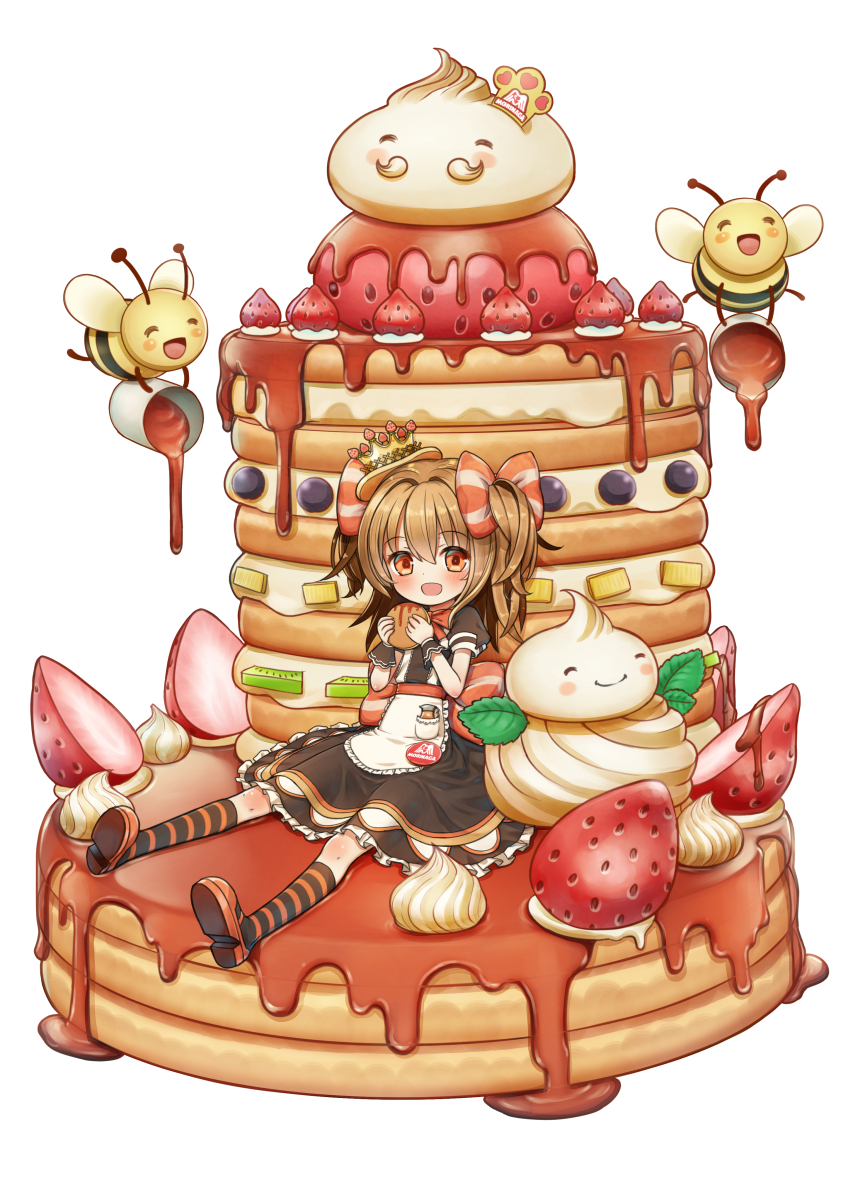 1girl apron bee blueberry bow brown_hair brown_skirt cream crown food fruit hair_bow highres interlaken kiwifruit kneehighs looking_at_viewer mini_crown morinaga_(brand) orange_bow orange_eyes orange_shoes original pancake personification shoes short_hair sitting skirt smile solo stack_of_pancakes strawberry striped striped_bow striped_legwear syrup two_side_up whipped_cream white_background