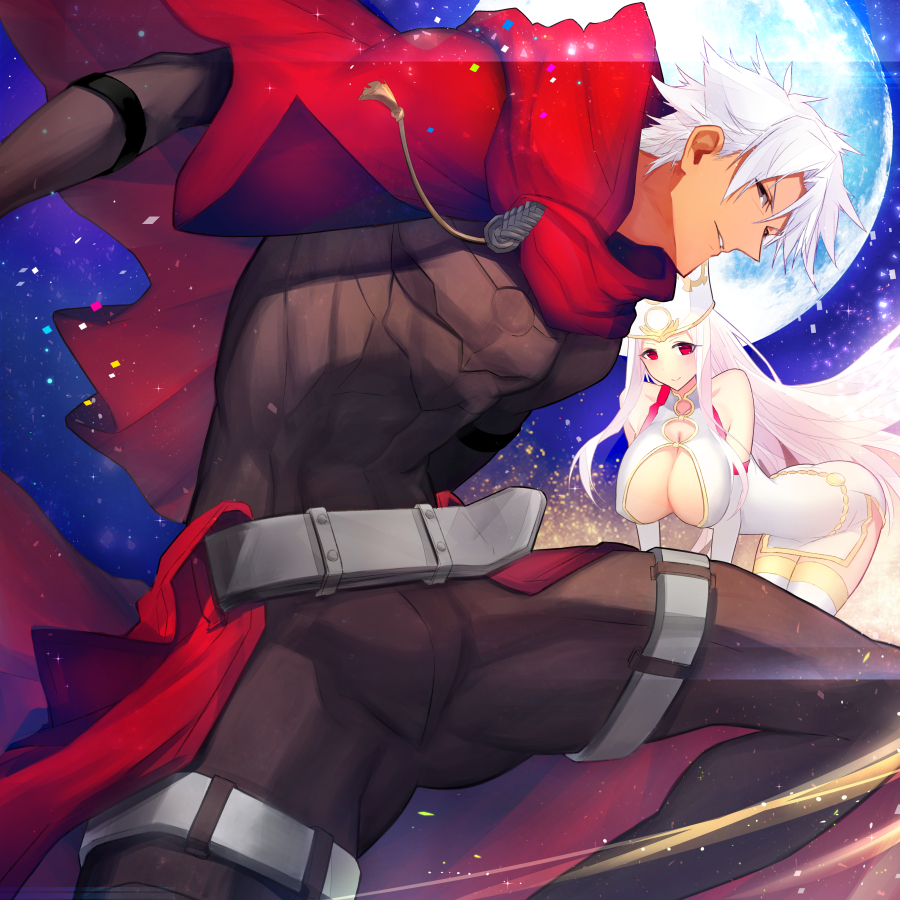 1boy 1girl breasts cape cleavage crown emiya_kiritsugu fate/grand_order fate/zero fate_(series) full_moon hood husband_and_wife irisviel_von_einzbern legacy_zechs long_hair moon red_eyes short_hair white_hair