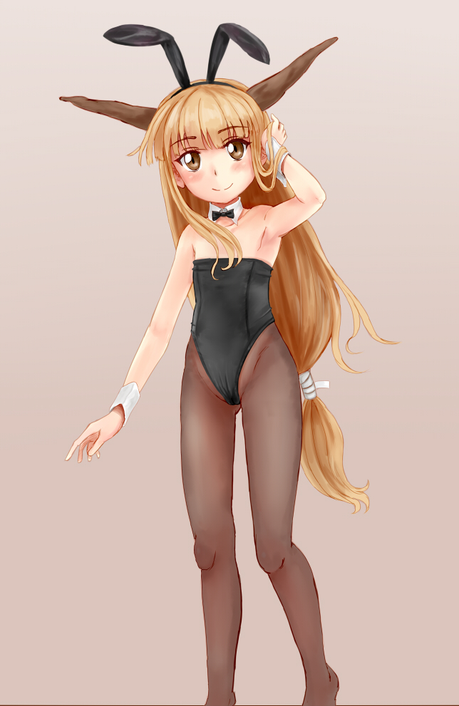 1girl animal_ears bow bowtie brown_eyes brown_hair bunnysuit detached_collar flat_chest fuwatoro_(enemy-of-society) horns ibuki_suika pantyhose rabbit_ears touhou wrist_cuffs