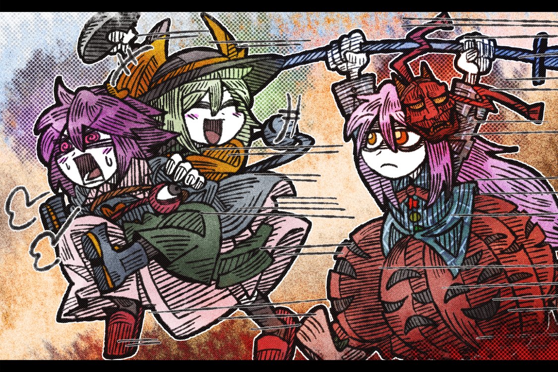 +++ 3girls :d @_@ ^_^ black_hat blue_shirt blush_stickers bow chasing closed_eyes expressionless eyebrows eyebrows_visible_through_hair green_hair green_skirt hair_between_eyes hannya hat hat_bow hat_ribbon hata_no_kokoro komeiji_koishi komeiji_satori line_shading long_hair mask motion_lines multiple_girls open_mouth orange_eyes piggyback pink_eyes pink_hair pink_skirt plaid plaid_shirt ribbon running shaded_face shirt short_hair skirt slippers smile square_mouth suenari_(peace) sweat third_eye touhou weapon white_skin yellow_shirt