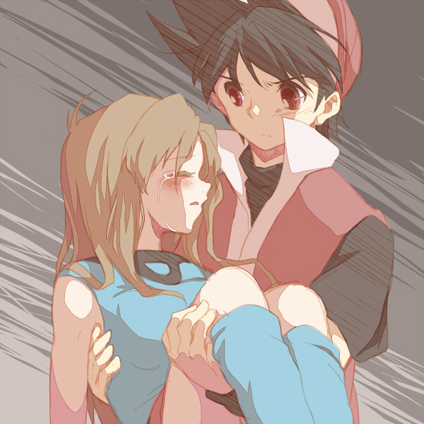 1boy 1girl atom_(@tom) black_hair black_shirt blue_(pokemon) blue_shirt brown_hair carrying closed_eyes crying headwear injury jacket long_hair pokemon pokemon_special princess_carry red_(pokemon) red_eyes red_jacket shirt