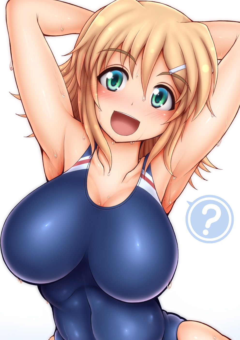 1girl :d ? armpits arms_behind_head arms_up bare_shoulders blue_swimsuit blush breasts character_request collarbone competition_swimsuit green_eyes hair_ornament hairclip head_tilt highres huge_breasts one-piece_swimsuit open_mouth ponpo senran_kagura senran_kagura_(series) short_hair simple_background smile solo speech_bubble spoken_question_mark swimsuit upper_body water water_drop wet white_background