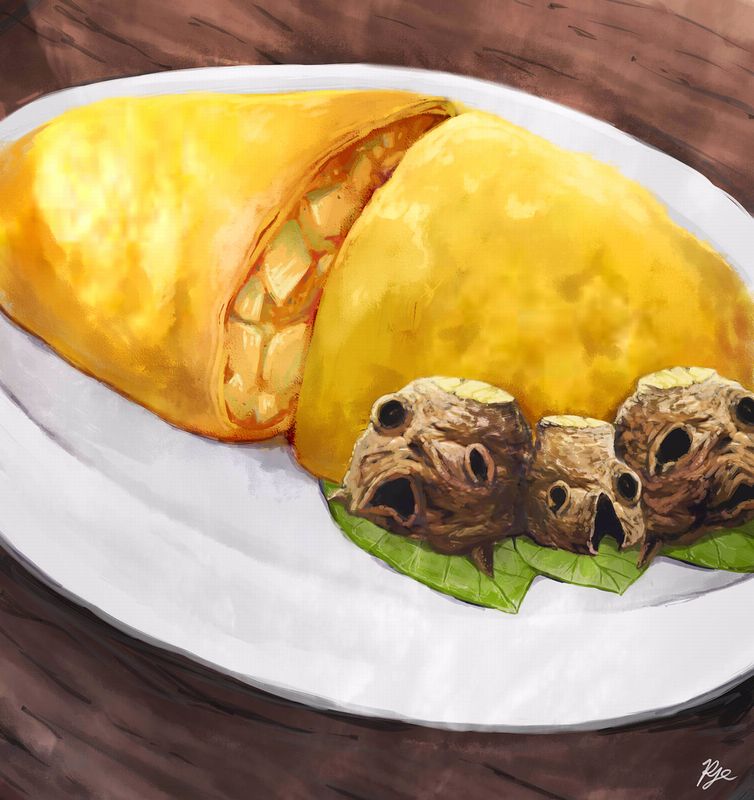 dungeon_meshi food leaf mandrake no_humans omelet plate ryuryo