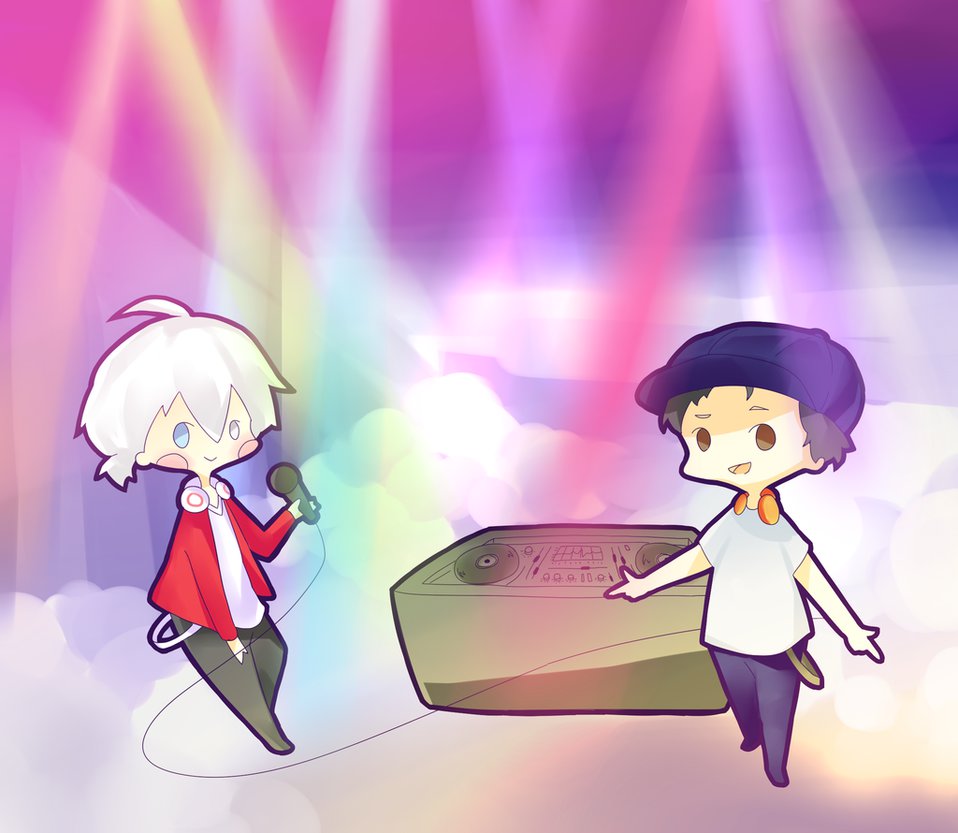 2boys ahoge brown_eyes chibi dj hat headphones heterochromia microphone multiple_boys phonograph ponytail smog spotlight turntable white_hair