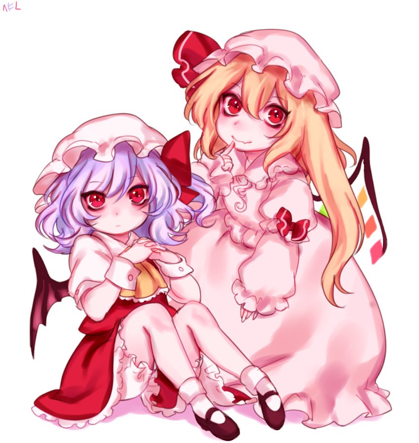 2girls ascot asymmetrical_hair blonde_hair bubble_skirt cosplay costume_switch finger_to_mouth flandre_scarlet flandre_scarlet_(cosplay) hat hat_ribbon interlocked_fingers lavender_hair long_sleeves looking_at_viewer mary_janes mob_cap multiple_girls puffy_sleeves red_eyes remilia_scarlet remilia_scarlet_(cosplay) ribbon shirt shoes short_hair short_sleeves simple_background sitting skirt skirt_set smile socks tis_(shan0x0shan) touhou vest white_background white_legwear wrist_cuffs