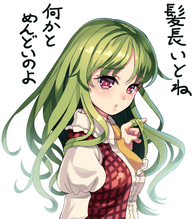 1girl :o alternate_hairstyle blush center_frills collar douji doujinshi eyebrows eyebrows_visible_through_hair frilled_collar frills from_side green_hair hair_twirling hand_in_hair kazami_yuuka long_hair looking_at_viewer looking_to_the_side necktie open_clothes open_vest parted_lips plaid plaid_vest red_eyes red_vest shirt solo tareme text touhou translation_request upper_body vest white_shirt yellow_necktie