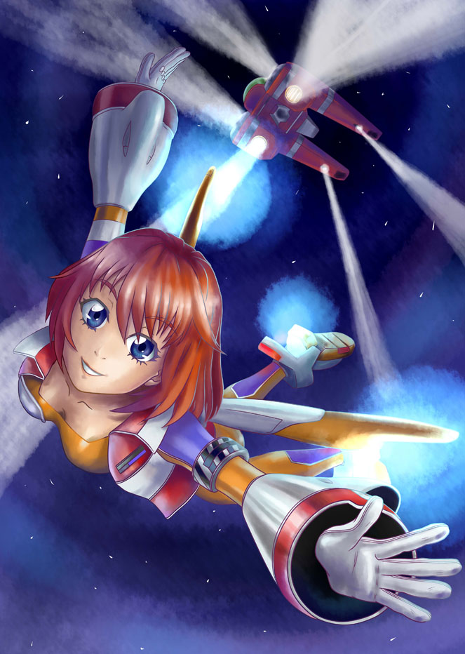 1girl blue_eyes bodysuit breasts burning_rangers cleavage hovercraft redhead sega smile spotlight tillis