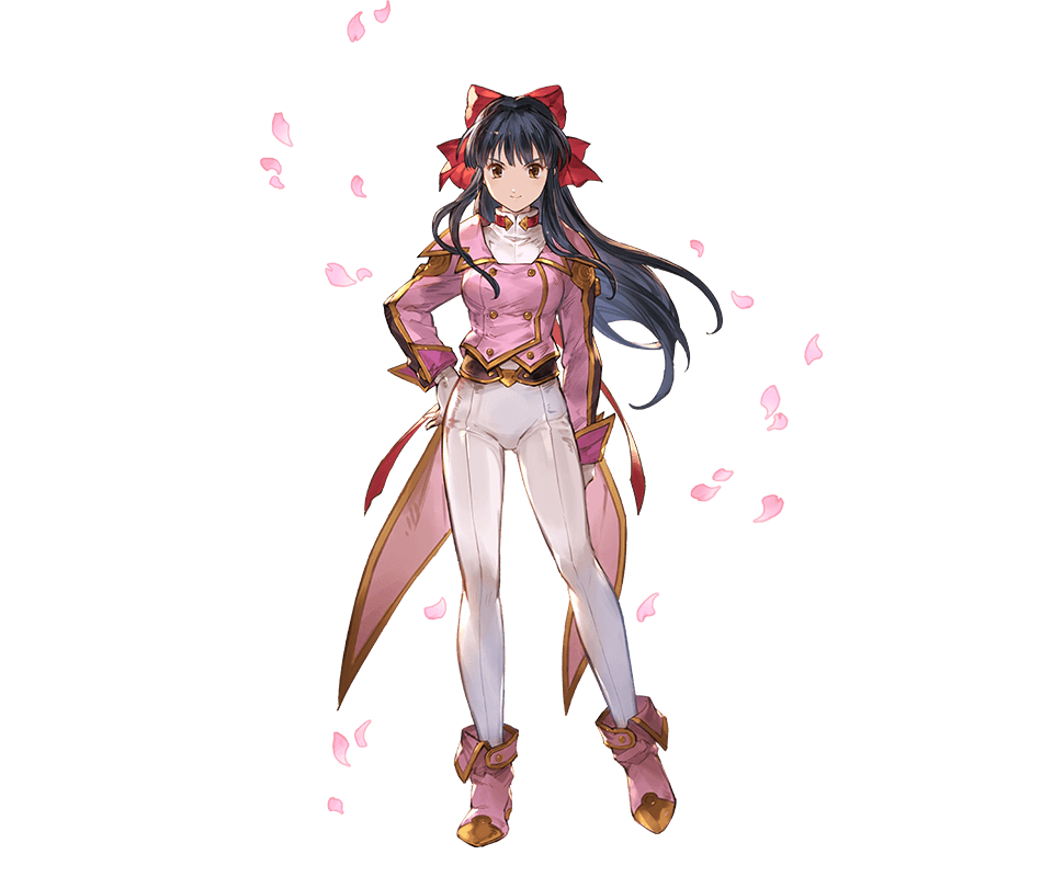 &gt;:) 1girl ankle_boots black_hair boots bow brown_eyes coattails fingerless_gloves gloves granblue_fantasy hair_bow hand_on_hip long_hair long_sleeves looking_at_viewer military military_uniform minaba_hideo official_art pants petals pink_boots ponytail red_bow sakura_taisen shinguuji_sakura solo standing transparent_background uniform white_gloves white_pants