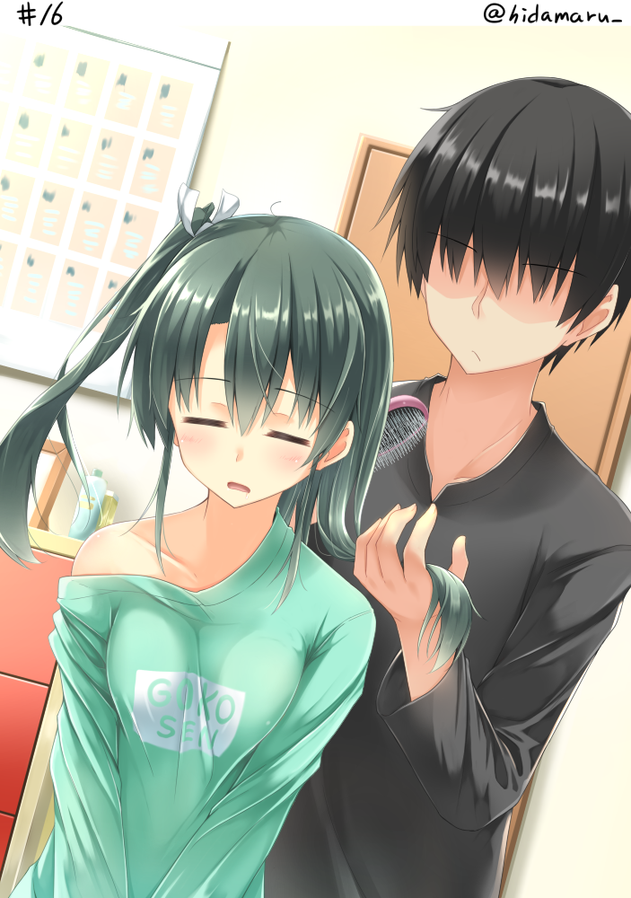 1boy 1girl =_= alternate_costume bangs bare_shoulders black_hair blush bottle breast_squeeze breasts calendar_(object) casual closed_eyes closed_mouth clothes_writing collarbone commentary_request contemporary door drawer drooling dutch_angle eyebrows eyebrows_visible_through_hair frame green_hair hair_brush hair_brushing hair_ribbon hair_undone hino_(2nd_life) holding holding_another's_hair holding_hair indoors kantai_collection light_frown long_hair long_sleeves no_eyes number off_shoulder one_side_up open_mouth ribbon sitting sleeping twitter_username upper_body v_arms zuikaku_(kantai_collection)
