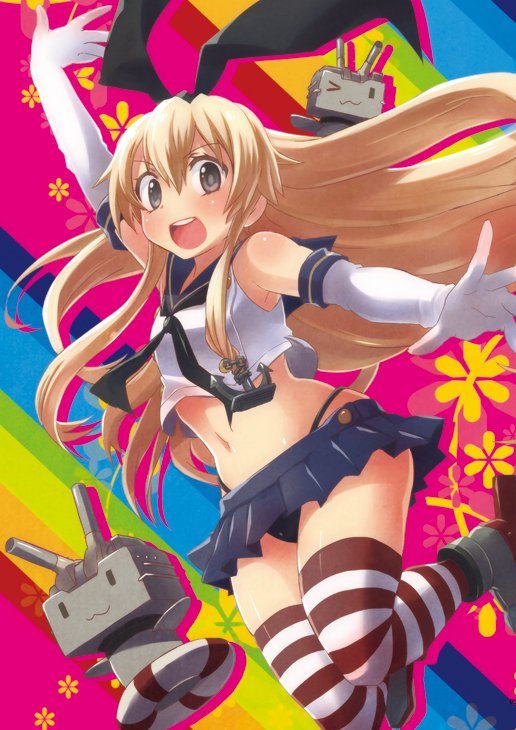 :3 :d ;3 anchor_hair_ornament black_eyes black_panties blonde_hair blush dress elbow_gloves gloves hair_ornament hair_ribbon kantai_collection long_hair looking_at_viewer microskirt navel open_mouth panties pleated_skirt rensouhou-chan ribbon sailor_dress shimakaze_(kantai_collection) skirt smile striped striped_legwear teeth thigh-highs thong underwear white_gloves yumi_yumi