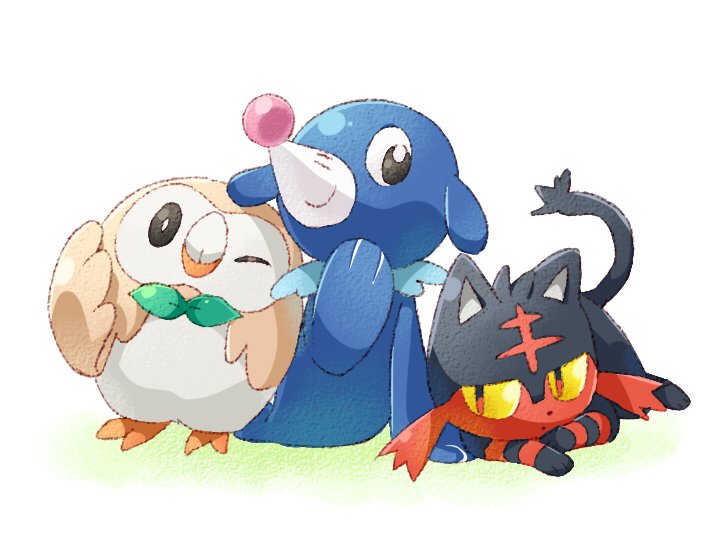 ;) bird black_hair cat clown_nose kitten litten_(pokemon) looking_at_viewer namori no_humans one_eye_closed owl pokemon pokemon_(creature) pokemon_(game) pokemon_sm popplio redhead rowlet sea_lion smile whiskers white_background