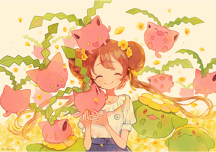 1girl :d ^_^ bangs bow brown_hair closed_eyes double_bun flower hair_bow hair_flower hair_ornament high-waist_skirt hoppip jewelry long_hair mei_(pokemon) open_mouth pechika pendant petals pokemon pokemon_(creature) puffy_short_sleeves puffy_sleeves red_eyes shirt short_sleeves skiploom smile solo twintails twitter_username white_shirt yellow_eyes