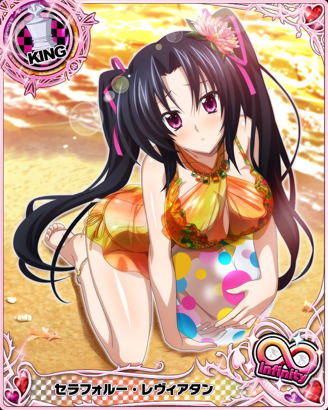 1girl ball beachball black_hair blush breasts card_(medium) character_name chess_piece cleavage flower hair_ornament hair_ribbon high_school_dxd high_school_dxd_infinity jewelry king_(chess) long_hair official_art pink_eyes ribbon serafall_leviathan sitting solo swimsuit trading_card twintails