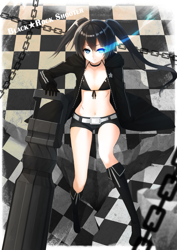 1girl belt black_bikini_top black_boots black_gloves black_hair black_rock_shooter black_rock_shooter_(character) black_shorts black_sweater blue_eyes boots burning_eyes cardigan character_name checkered checkered_floor collar copyright_name front-tie_bikini front-tie_top gloves hsuliherng long_hair looking_at_viewer navel open_cardigan open_clothes scar short_shorts shorts sitting smile solo sweater twintails