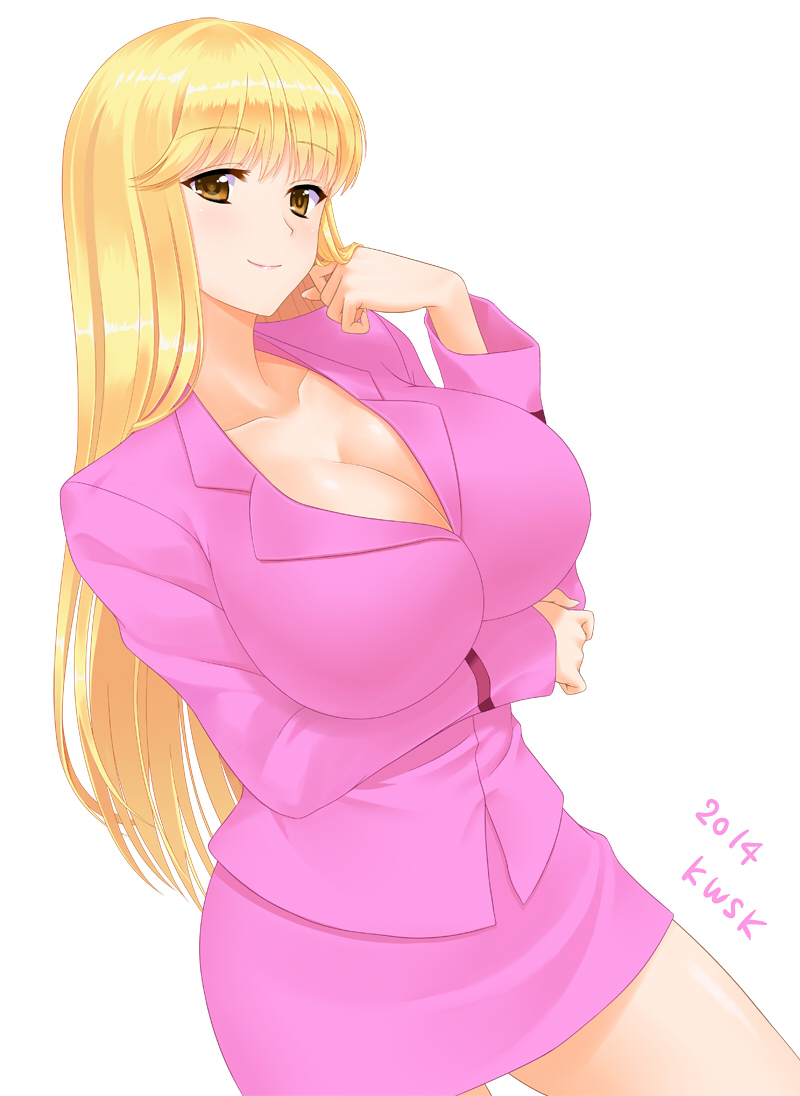 1girl 2014 akimoto_katherine_reiko artist_name blonde_hair blush breast_hold breasts cleavage collarbone contrapposto cowboy_shot female kochikame kwsk large_breasts long_hair long_sleeves looking_at_viewer miniskirt office_lady pink_skirt shiny shiny_skin simple_background skirt skirt_set smile solo thighs white_background yellow_eyes
