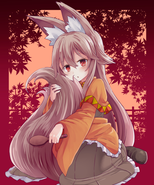 1girl animal_ears brown_hair combing fox_ears fox_tail holding_own_tail leaf long_hair looking_at_viewer maple_leaf noa_(nagareboshi) original red_eyes sitting tagme tail