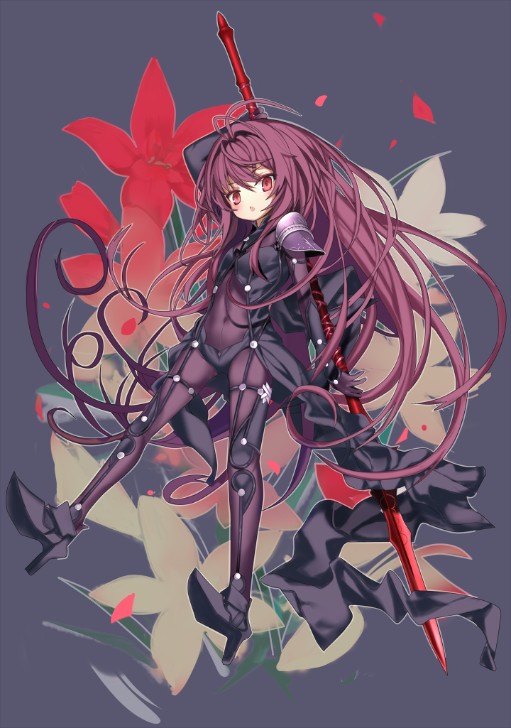 1girl armor armored_boots bodysuit boots covered_navel fate/grand_order fate_(series) gae_bolg high_heels holding holding_weapon long_hair looking_at_viewer parted_lips purple_hair red_eyes scathach_(fate/grand_order) shino_(eefy) shoulder_armor solo very_long_hair