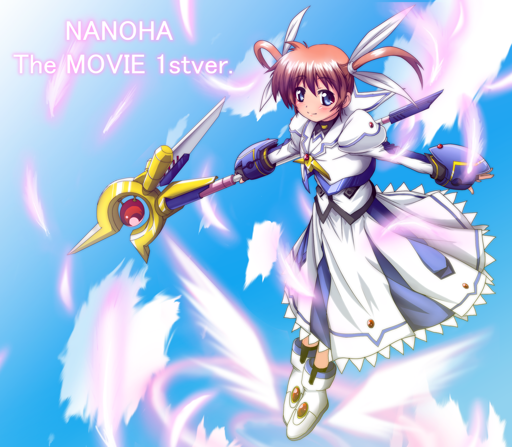 1girl armor armored_dress bangs blue_eyes blush clouds dress fingerless_gloves full_body gloves hair_ribbon holding jacket juliet_sleeves long_sleeves lyrical_nanoha magical_girl mahou_shoujo_lyrical_nanoha mahou_shoujo_lyrical_nanoha_the_movie_1st puffy_sleeves redhead ribbon shoes short_hair sky smile solo staff takamachi_nanoha to-gnaniwa twintails weapon white_dress