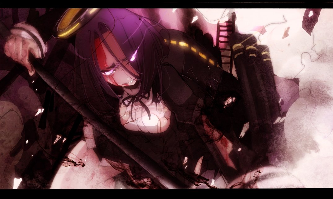 1girl blood blood_on_face commentary_request gloves glowing glowing_eyes hair_over_one_eye injury kantai_collection mechanical_halo purple_hair short_eyebrows short_hair smirk solo tansuke tatsuta_(kantai_collection) torn_clothes violet_eyes weapon