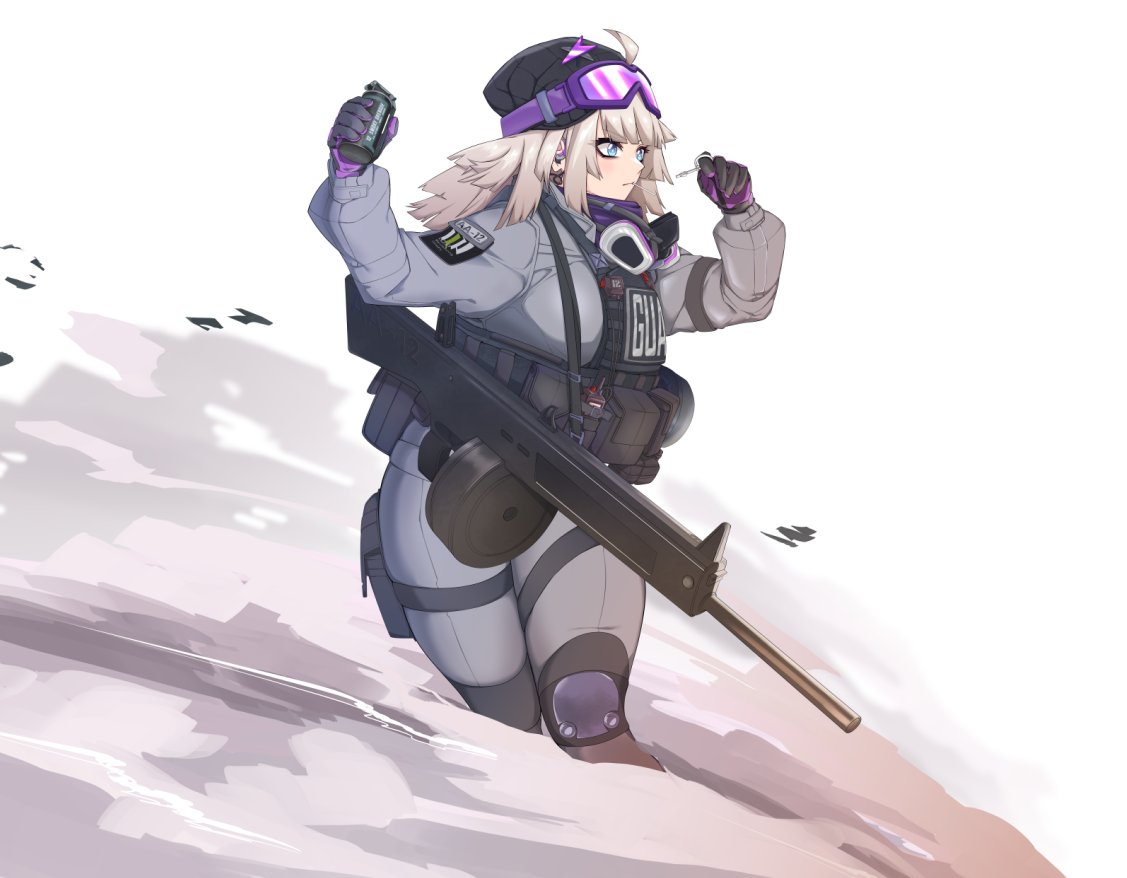 1girl aa-12 aa-12_(girls'_frontline) ahoge alternate_breast_size bags_under_eyes beanie blonde_hair blue_eyes blunt_bangs breasts bulletproof_vest candy commission explosive food gas_mask girls_frontline goggles goggles_on_head grenade grenade_pin gun hat holding holding_grenade large_breasts lollipop mask military military_uniform samsam_s2s shotgun shoulder_strap smoke smoke_grenade smoke_trail solo tactical_clothes thick_thighs thighs uniform weapon
