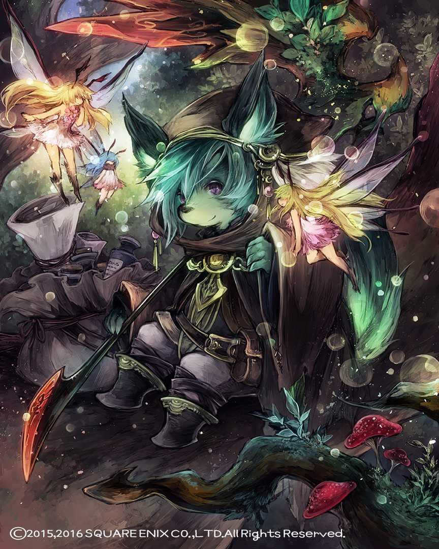 2016 bag black_boots blonde_hair boots fairy fujiwara_akina furry green_hair hood long_hair mobius_final_fantasy mushroom official_art outdoors pouch scroll short_hair sitting staff tail violet_eyes wide_sleeves