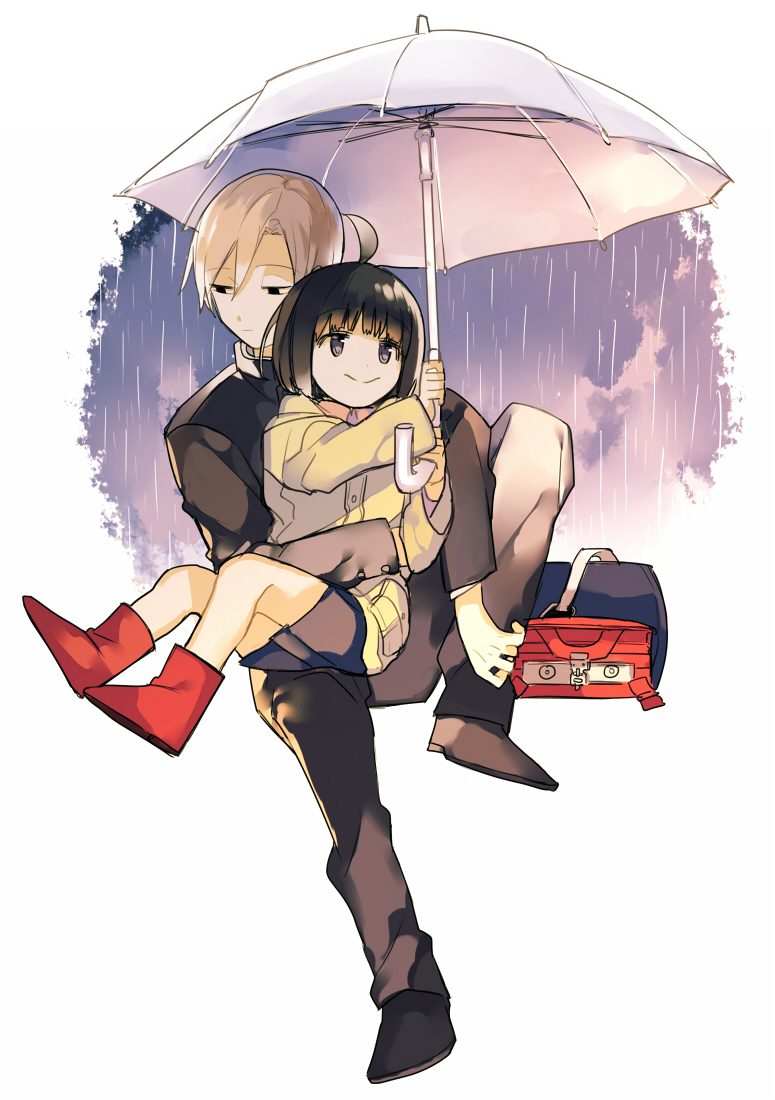 1girl amatori_chika amatori_rinji backpack backpack_removed bag bangs black_eyes black_hair black_jacket black_pants black_shoes blonde_hair boots brother_and_sister closed_mouth full_body gakuran holding holding_umbrella hug hug_from_behind jacket kuragesaki long_sleeves looking_away looking_to_the_side looking_up pants raincoat randoseru red_boots school_bag school_uniform shade shoes short_hair siblings sitting sitting_on_lap sitting_on_person skirt smile umbrella white_background world_trigger younger