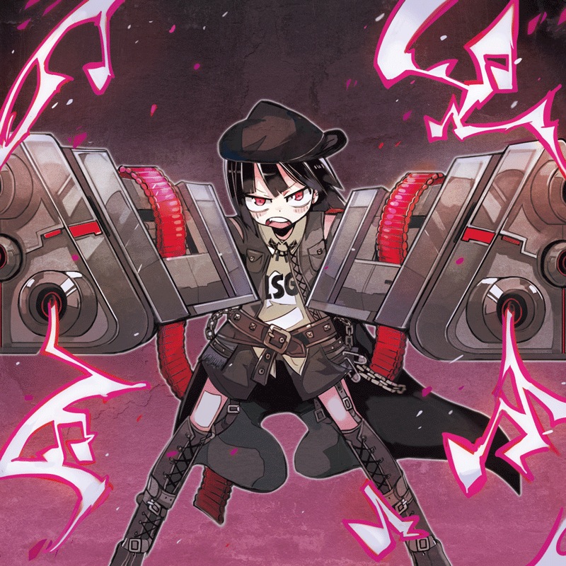 &gt;:o 1girl :o ammunition belt black_hair boots chain chain_gun constricted_pupils cross-laced_footwear dual_wielding firing firing_at_viewer full_body hat jacket lace-up_boots leather leather_boots leather_jacket lightning looking_at_viewer open_mouth original perspective red_eyes shorts solo standing tera weapon
