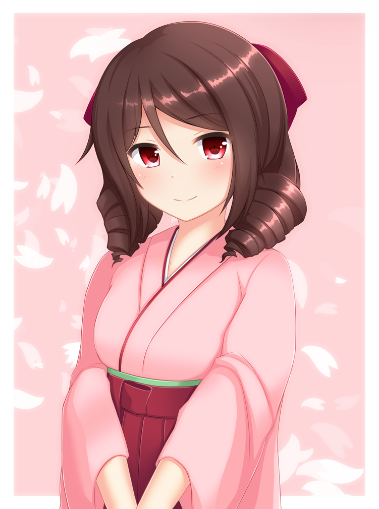 blush brown_hair harukaze_(kantai_collection) kantai_collection kimono personification red_eyes short_hair smile
