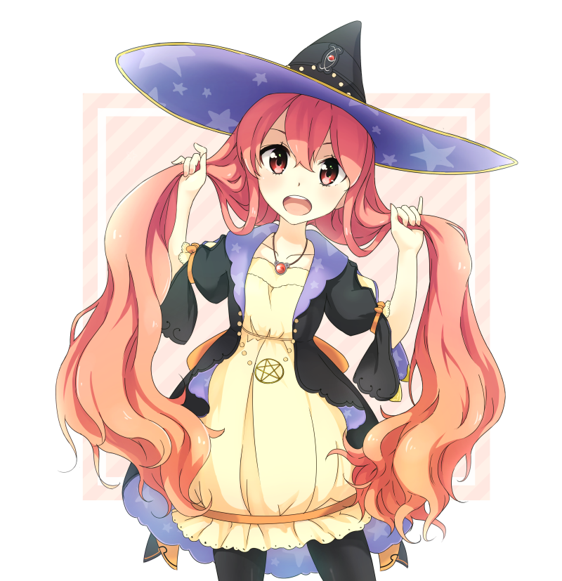 1girl aki_inu atelier_(series) atelier_escha_&amp;_logy black_legwear bunching_hair hair_grab hat jewelry long_hair looking_at_viewer necklace pantyhose pink_hair red_eyes skirt smile solo wilbell_voll=erslied witch_hat yellow_skirt