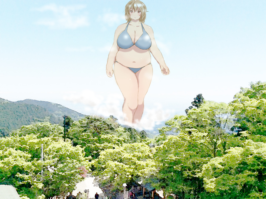 1girl big_belly bikini blush breasts brown_hair fat giantess hill huge_breasts navel original outdoors panah red_eyes short_hair solo swimsuit thick_thighs thighs tree